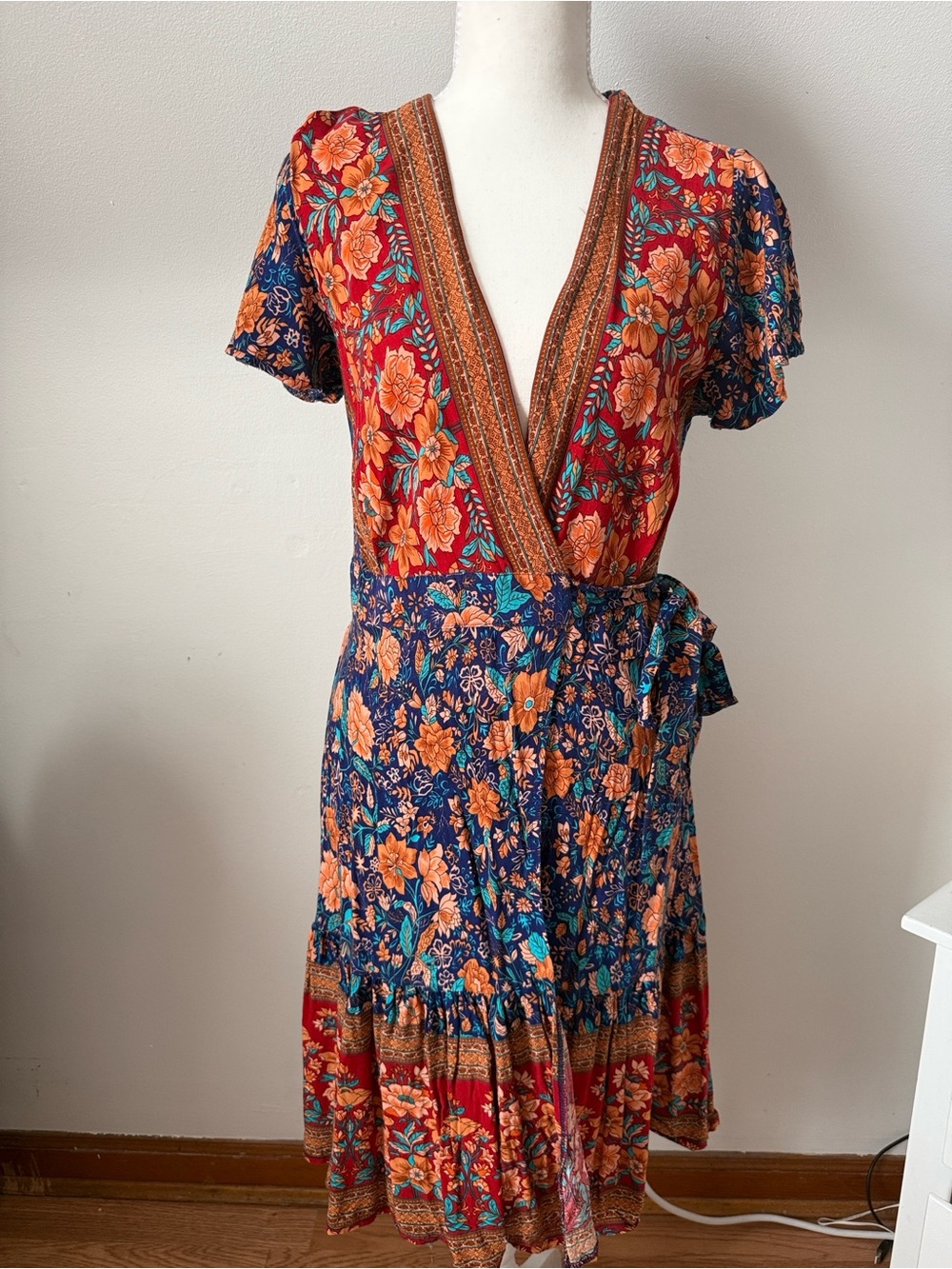 Zescia Floral Wrap Midi Dress - Red & Navy